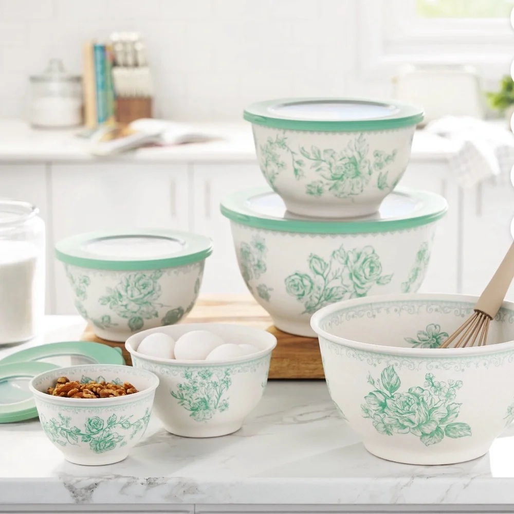 Pioneer Woman Agatha 12-Piece Bamboo Melamine Nesting Mixing Bowl Set, Green